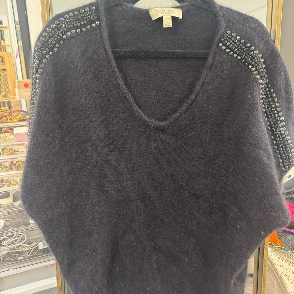 Black V-Neck Sweater with Embellished Shoulders